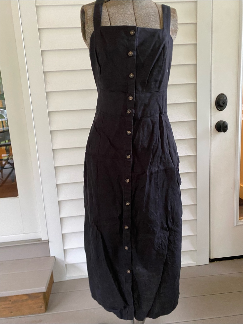 Boden Black Button-Front Midi Dress with Wide Straps